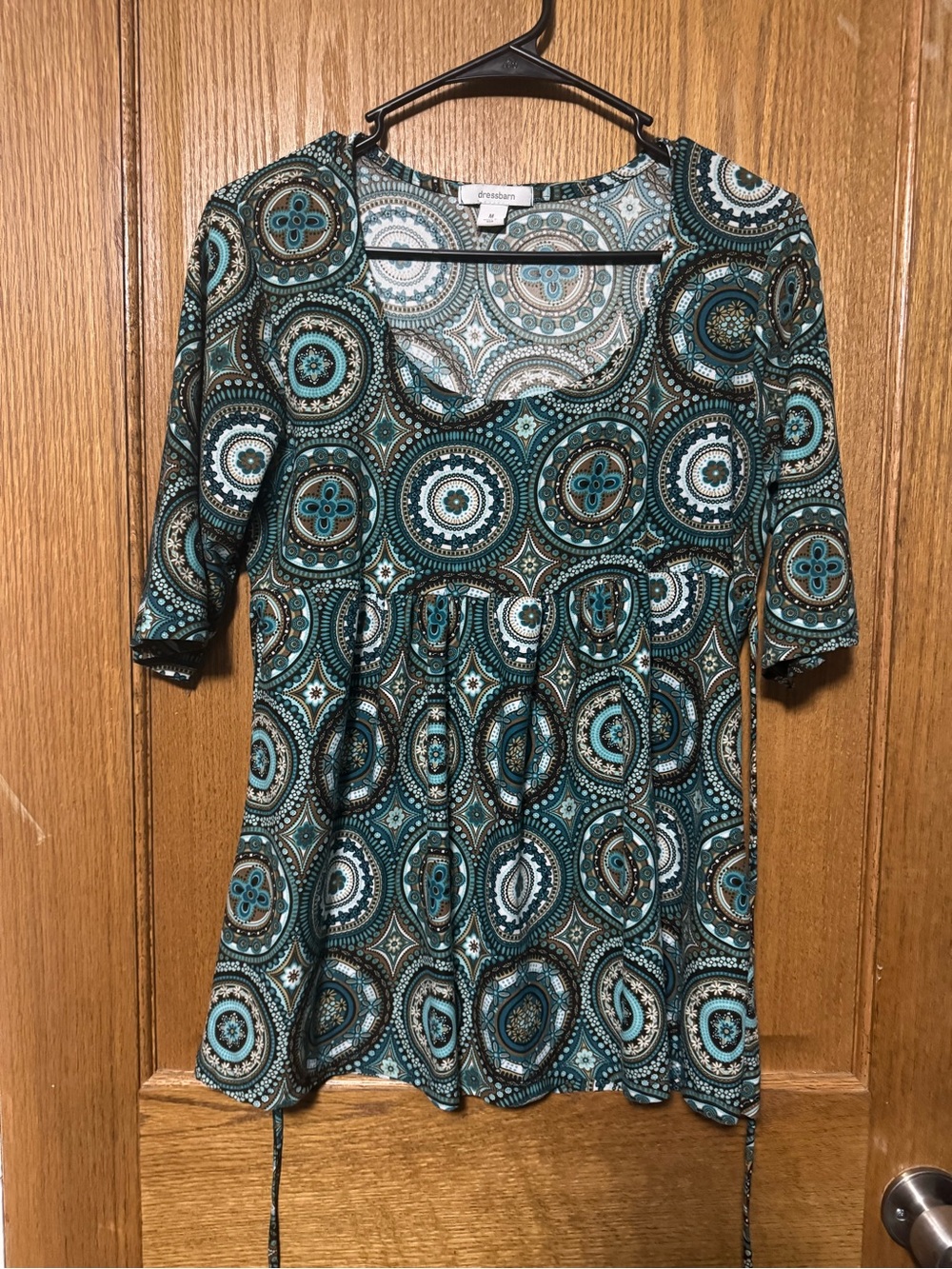 dressbarn Teal and Brown Medallion Scoop Neck Short Sleeve Top